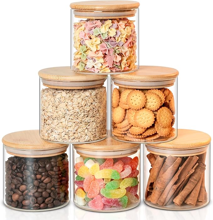Glass Food Storage Jars 6-Pack - 4x4 in-Clear Glass Food Canisters with Bamboo Lid Airtight For Serving Tea, Coffee, Flour, Sugar, Candy, Cookie, Spice and More (Circular)-HomvellaHome
