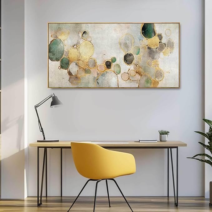 Gold Circle Modern Artwork Framed Abstract Wall Art Green Canvas Decor 24"x48" Wall Decorations for Bedroom Living Room Kitchen-HomvellaHome