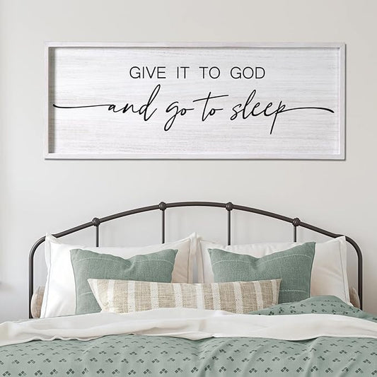 Give It to God and Go to Sleep Decorative Rustic Sign & Plaque Framed Wall Art for Couples, 40''×15'' Vintage Farmhouse Wooden Horizontal Wall Decor Above Bed, Cottagecore Wedding Gift for Bedroom-HomvellaHome