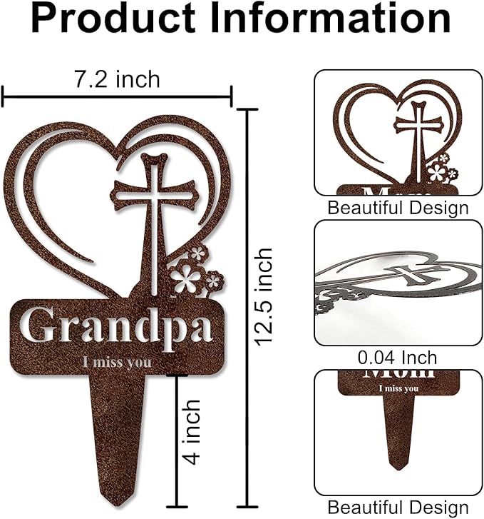 Grandpa Memorial Grave Stake, Cemetery Decorations for Grave Markers 12.5 x 7.2 inch Heart Metal Sympathy Stakes Graveside Plaque Decor Sign for Grandpa Graves, Yard, Garden - Rust-Grandpa-HomvellaHome