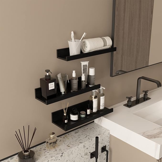 Giftgarden 16 Inch Black Floating Shelves for Wall Mount, Woodgrain Wall Shelf Ledge for Bathroom Bedroom Kitchen Living Room Office Storage, Set of 3 Different Sizes-HomvellaHome