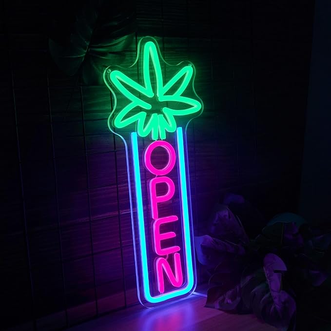 Green Leaf Neon Sign Dimmable Open Neon Lights for Wall Decor LED Neon Sign by USB Powered LED Neon Open Sign For Dispensary Beer Bar Man Cave Coffee Store Hotel Wall Party Decorations 16.8''x7''-HomvellaHome