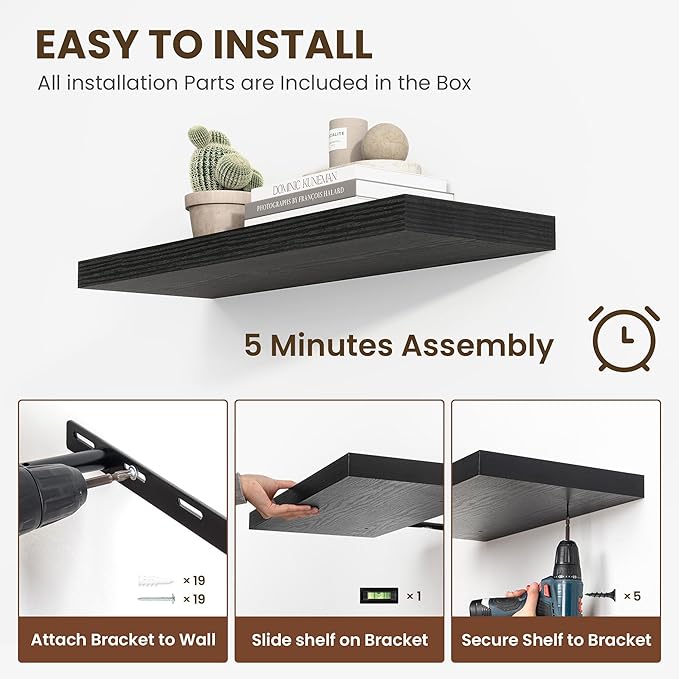 12 Inch Deep Floating Shelves, 24 Inch Long Floating Shelves for Wall, Floating Shelf with Invisible Brackets, Deep Shelves for Bathroom, Bedroom, Living Room, 2 Pack, Black-HomvellaHome