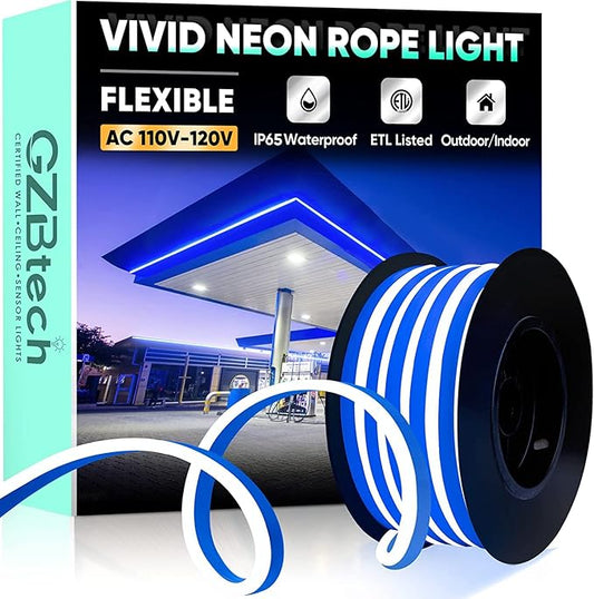 GZBtech Flexible LED Neon Rope Lights 16.4FT,AC 110-120V Waterproof Neon Strip Light, 120LEDs/M Cuttable Connectable Rope Lighting for Indoor Outdoor Home Decor/Commercial Building Use-Blue 5M-HomvellaHome
