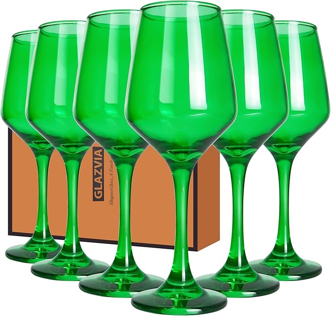 Green Wine Glasses Set of 6-14oz Long Stem Wine Glass, Pretty Crystal Glassware, Hand Blown Goblets Drinkware, Unique Stemware Wine Glass Holiday Gift Set-HomvellaHome