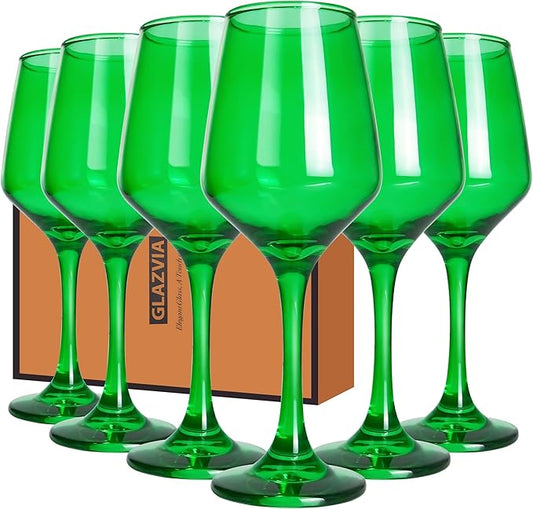 Green Wine Glasses Set of 6-14oz Long Stem Wine Glass, Pretty Crystal Glassware, Hand Blown Goblets Drinkware, Unique Stemware Wine Glass Holiday Gift Set-HomvellaHome