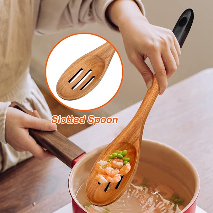 14 Inch Large Wooden Spoons for Cooking Utensils Set Acacia Wood Spatula Slotted Spoon Best Non Toxic Kitchen Utensil Long Mixing Spoon Spatulas Turner Stirring Serving Spoons Kitchen Use Tools-HomvellaHome