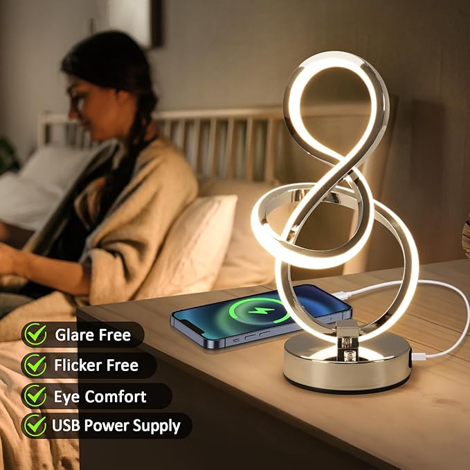 Modern Spiral Table Lamp, 7 Colors 10 Light Modes LED Nightstand Small Lamp with USB C+A Ports, Touch Dimmable Lamps for Living Room Bedroom Bedside, Unique & Cool Lamps,Silver-HomvellaHome