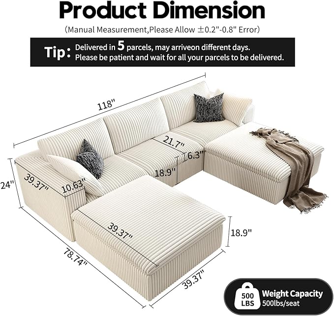 118" Cloud Couch Modular Sectional Sofa for Living Room,Modern Sofa with Deep Seat，U-Shape Boneless Couch with 2 Ottoman,Comfy Upholstered Corduroy Couches for Apartment, Studio, Office,Bedroom，White-HomvellaHome