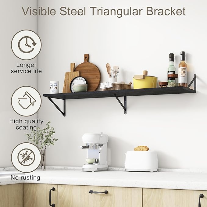 12 Inch Deep Floating Shelves, Black Floating Shelves 48W x 12D, Deep Wall Shelves Bracket Set of 2, Large Display Hanging Floating Shelf for Bathroom, Living Room, Wide Storage Wooden Wall Shelf-HomvellaHome