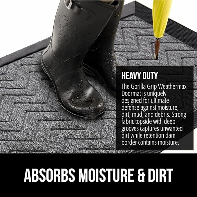 GORILLA GRIP 100% Waterproof All-Season WeatherMax Doormat, 34x58, US Designed Natural Rubber, Stain and Fade Resistant, Low Profile Indoor Outdoor Door Mats, Easy Clean Patio Mat, Steel Chevron-HomvellaHome