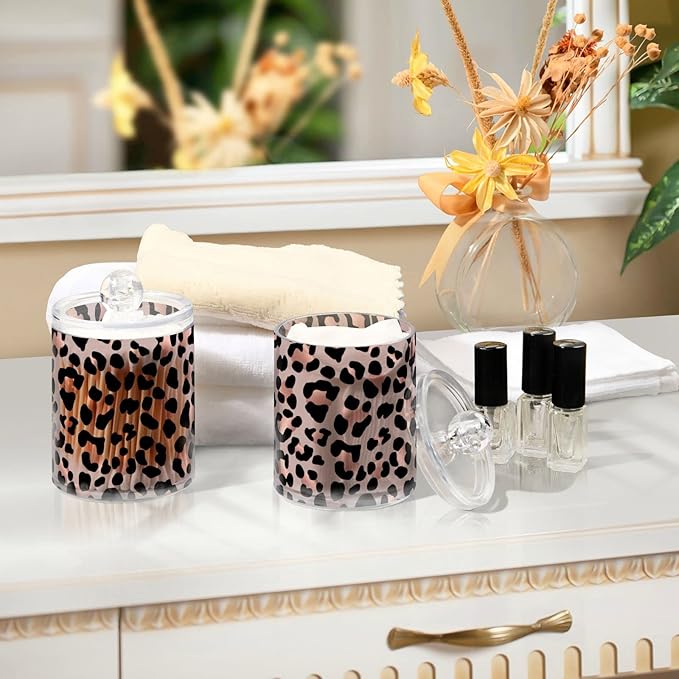 2 Pack Qtip Holder Dispenser Rose Gold Black Leopard Bathroom Storage Canister Lid Acrylic Plastic Apothecary Jar Set Vanity Makeup Organizer for Cotton Swab/Ball/Round Pads, Floss-HomvellaHome