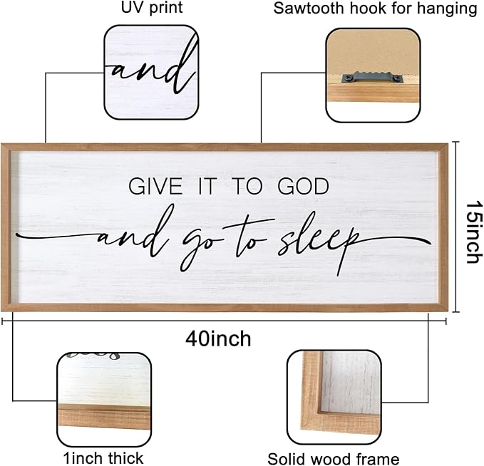 Give It to God and Go to Sleep Decorative Rustic Sign & Plaque Framed Wall Art for Couples, 40''×15'' Vintage Cottagecore Wooden Horizontal Wall Decor Above Bed, Farmhouse Wedding Gift for Bedroom-HomvellaHome