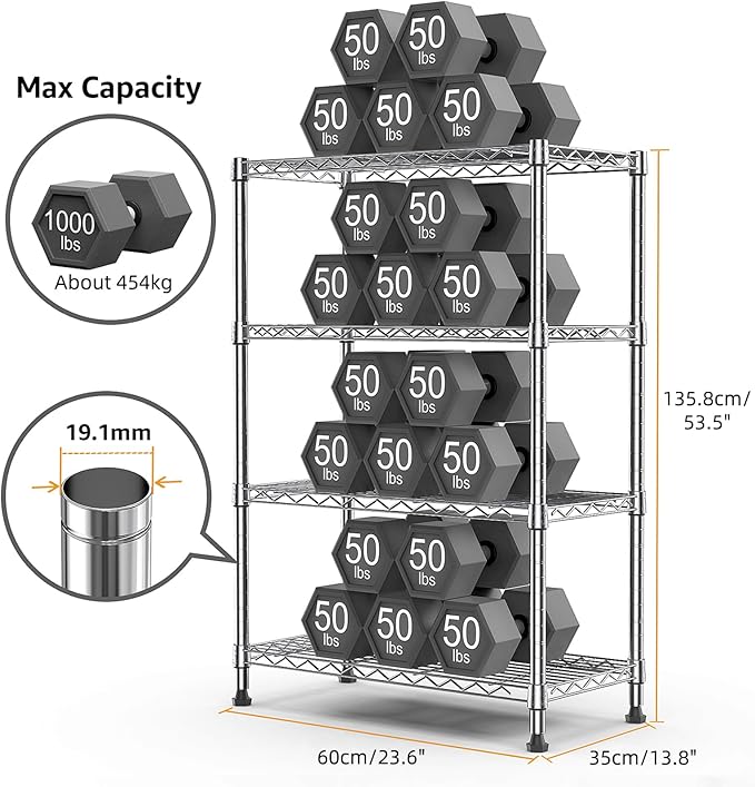 1000 lbs Storage Shelving 4-Tier Utility Shelving Unit Steel Organizer Wire Rack for Home,Kitchen,Office,Chrome (13.7" D x 23.6" W x 53.4" H)-HomvellaHome