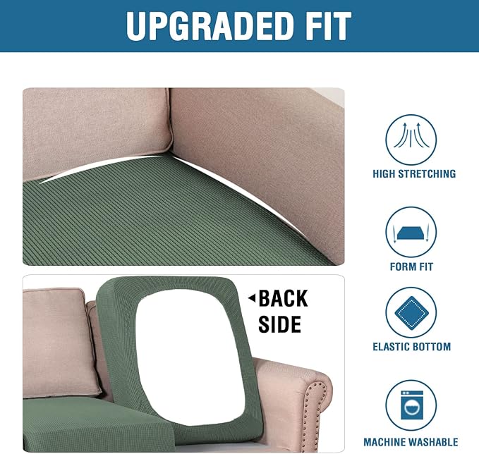 H.VERSAILTEX Super Stretch Individual Seat Cushion Covers - Sofa & Couch Cushion Slipcover Sets - Thick Jacquard Textured Twill Fabric (3 Piece XL Sofa Cushion Covers, Loden Frost)-HomvellaHome
