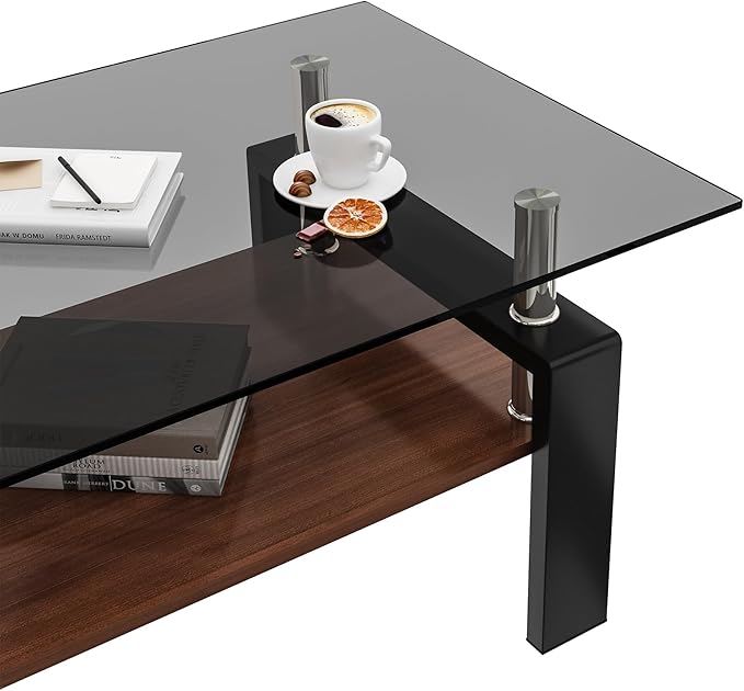 Glass Coffee Table Rectangle Living Room Center Table, with Gray Tempered Glass Tabletop and Brown MDF Layer,for Living Room and Office, Gray+Brown-HomvellaHome