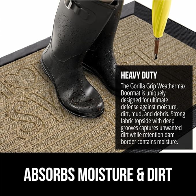 GORILLA GRIP 100% Waterproof All-Season WeatherMax Doormat 35x23, US Designed Natural Rubber, Stain and Fade Resistant, Low Profile Indoor Outdoor Door Mats, Easy Clean Patio Mat, Home Sweet Home-HomvellaHome