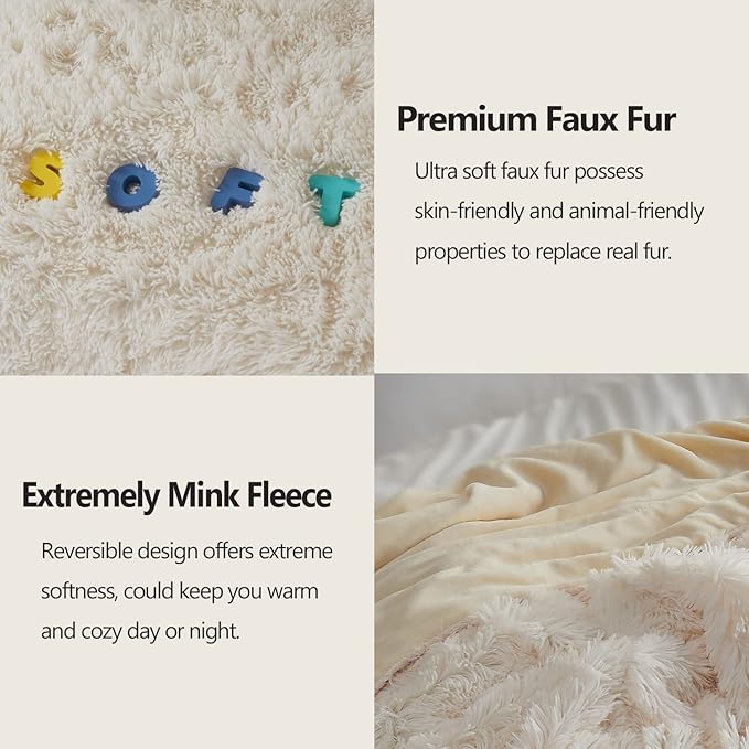 GONAAP Fuzzy Faux Fur Throw Blanket Ivory Super Soft Cozy Plush Fuzzy Shaggy Blanket for Couch Sofa Bed (Ivory, Throw(40"x50"))-HomvellaHome