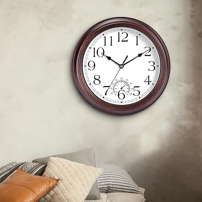 14 Inch Outdoor Wall Clock with Thermometers, Vintage Silent Wall Clocks Battery Operated, Retro Non-Ticking Clock Decorative for Living Room, Patio, Kitchen, Office, Bathroom, Bedroom(Bronze)-HomvellaHome