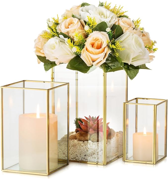 Glass Hurricane Candle Holder Large - Hewory 3pcs Gold Rectangle Flower Holders Centerpiece for Table, Tall Floor Square Pillar Candle Lantern for Wedding, Anniversary, Party, Fireplace, Dining Room-HomvellaHome
