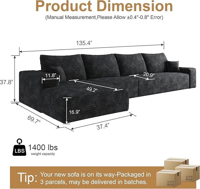 136" Sectional Couches for Living Room Modern Modular Sofa with L-Shape Couchs Upholstered Boneless Couch Deep Seat Sectional Couch with Chaise (Black, Left Facing Chaise+3Seaters)-HomvellaHome