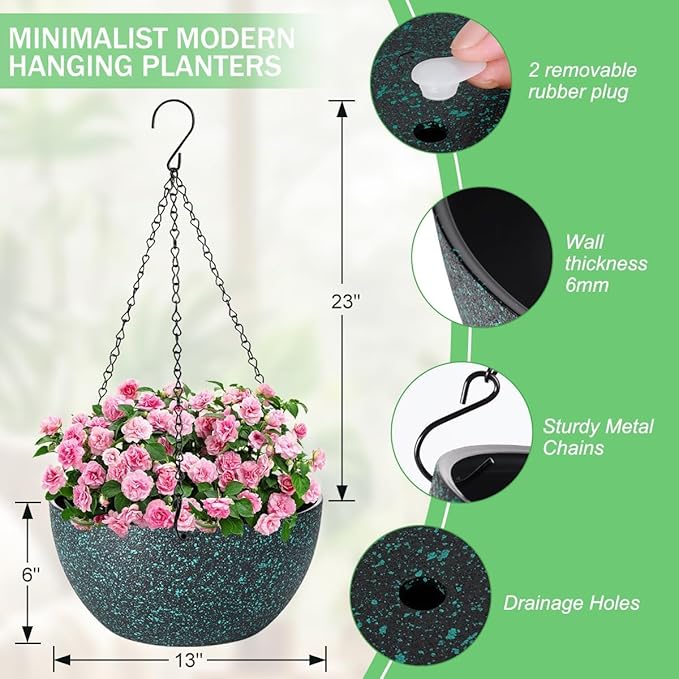 13 inch Hanging Planters for Indoor Plants, 2 Pack Planters for Outdoor Plants with Drainage Holes and Chain, Round Plastic Hanging Baskets, Hanging Flower Pots for Balcony Garden-Black Speckle-HomvellaHome