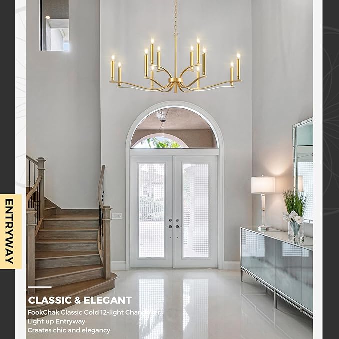 12 Light Gold Living Room Chandelier High Ceiling Foyer Candle Chandelier Large Modern Brass 44in Metal Chandeliers Hanging Light for Master Bedroom Dining Room Light Fixture Over Table-HomvellaHome