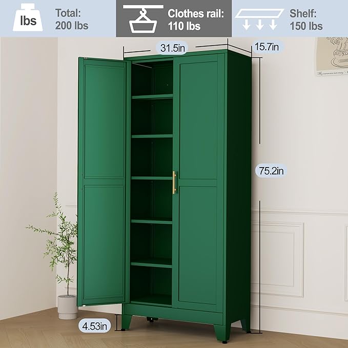 Green Metal Storage Cabinet,75" Steel Cabinets for Home Office, Kitchen Pantry Storage Cabinet with Doors and 5 Adjustable Shelves, Tool Cabinets, for Office, Home, Garage, School-HomvellaHome