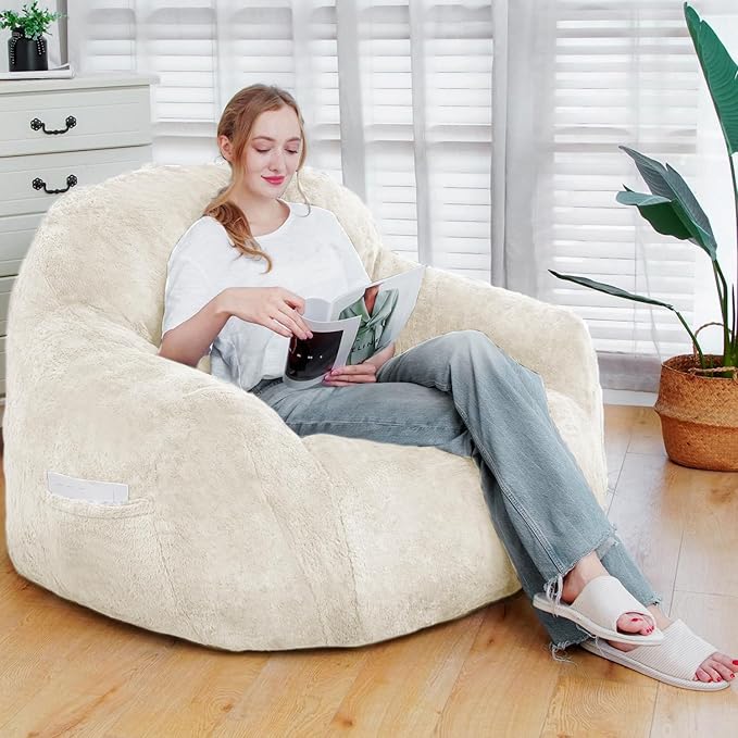 Giant Bean Bag Chair, Oversized Bean Bag Chairs for Adults and Kids, Gaming Chair Stuffed Memory Foam | Storage | Non-Slip, Removable Bean Bag Sofa Comfy Chair for Bedroom, Livingroom (Beige)-HomvellaHome