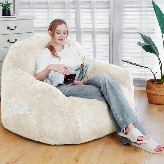 Giant Bean Bag Chair, Oversized Bean Bag Chairs for Adults and Kids, Gaming Chair Stuffed Memory Foam | Storage | Non-Slip, Removable Bean Bag Sofa Comfy Chair for Bedroom, Livingroom (Beige)-HomvellaHome