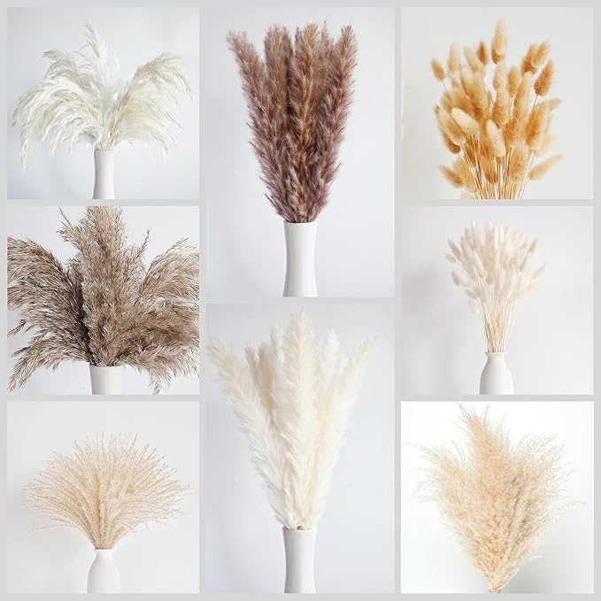 130 PCS Dried Pampas Grass Bouquet, Boho Table Decor, Bunny Tails Dried Flowers, Brown Pampas, Fluffy Pompas, White Pampas Grass for Weddings, Home Decor, Rustic Parties, and Baby Shower Decorations-HomvellaHome