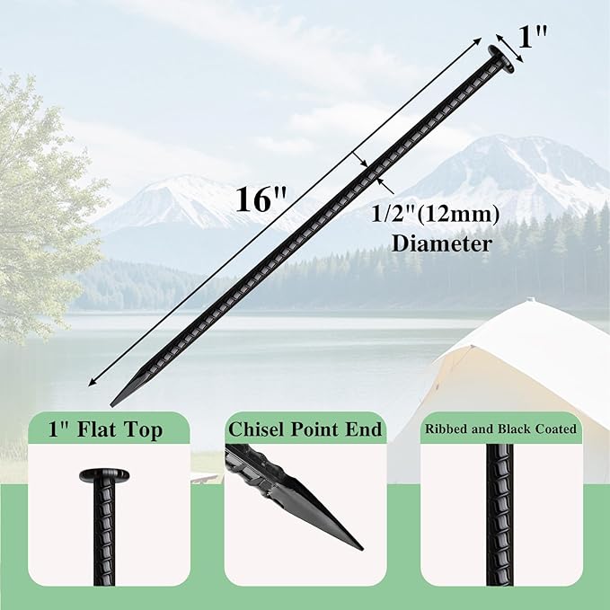 16 Inch Rebar Stakes 20 Pack Heavy Duty Ground Anchors 1/2 Inch Diameter Galvanized Steel Asphalt Anchoring Metal Spikes for Speed Bump, Parking Curb and Camping Tent-HomvellaHome