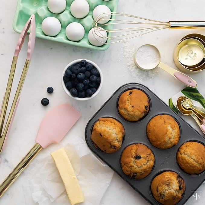 Gold and Pink Kitchen Utensil Set with Holder - 7-Piece Cooking Tools with Gold Whisk, Ladle, Tongs, Turner, Spatula, and Spoon - Stylish Pink Kitchen Accessories for Modern Cooking & Serving-HomvellaHome