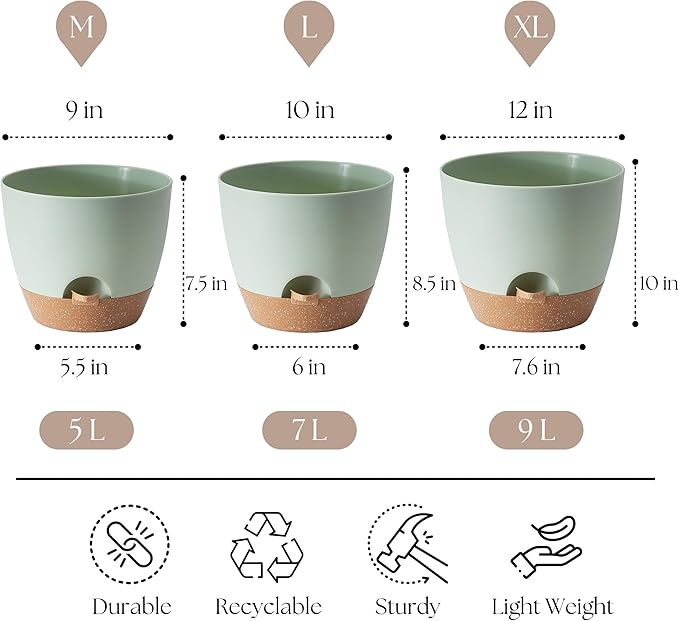 Giraffe Creation Plant Pots Set of 3 (12/10/9 inch), Self-Watering Indoor & Outdoor Flower Planters with Drainage Hole and Reservoir, Green-HomvellaHome
