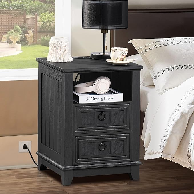 18" Night Stands Set of 2 with Charging Station, Farmhouse 2 Drawers End Table Dresser for Bedroom, Black Wooden Nightstand, Bed Side Table with Open Shelf, Bedside Cabinet for Living Room-HomvellaHome