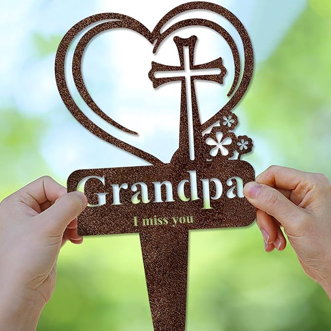 Grandpa Memorial Grave Stake, Cemetery Decorations for Grave Markers 12.5 x 7.2 inch Heart Metal Sympathy Stakes Graveside Plaque Decor Sign for Grandpa Graves, Yard, Garden - Rust-Grandpa-HomvellaHome