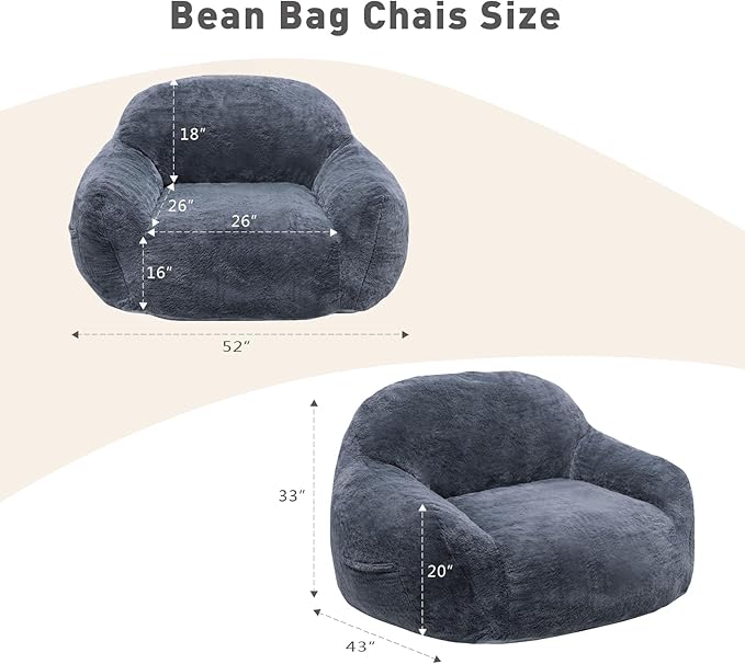 Giant Bean Bag Chair, Oversized Bean Bag Chairs for Adults and Kids, Gaming Chair Stuffed Memory Foam | Storage | Non-Slip, Removable Bean Bag Sofa Comfy Chair for Bedroom, Livingroom (Grey)-HomvellaHome