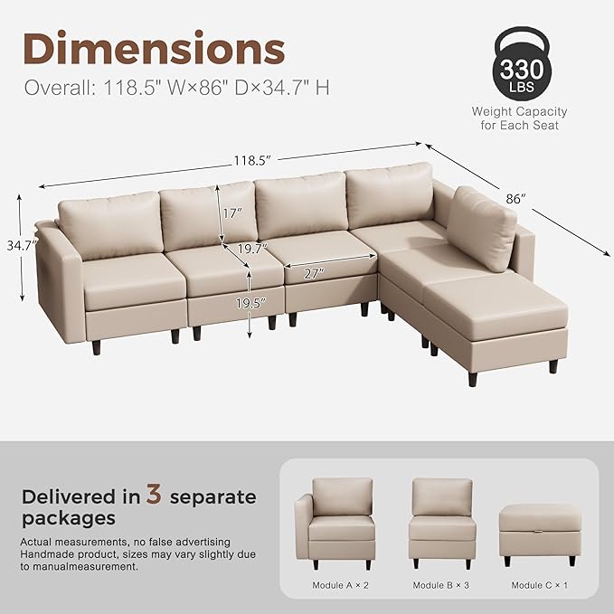 118.5" Faux Leather Modular Sectional Sofa, L Shaped Couch Set for Living Room, 6-Seater Comfy Cloud Couches with Movable Storage Ottoman Whitesand-HomvellaHome