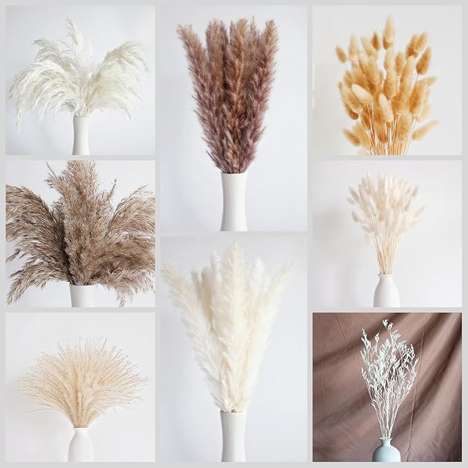 128 PCS Dried Pampas Grass Bouquet, Boho Table Decor, Bunny Tails Dried Flowers, Brown Pampas, White Pampas Grass for Weddings, Home Decor, Rustic Parties, and Baby Shower Decorations-HomvellaHome