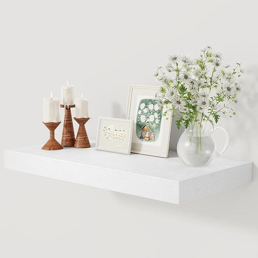 12 Inch Deep White Floating Shelves, 24 x 12 Floating Shelf for Books, Rustic Wood Deep Wall Shelves for Home Storage & Display, 2" Thicked Shelves for Kitchen, Living Room, Bedroom, 1 Pack-HomvellaHome