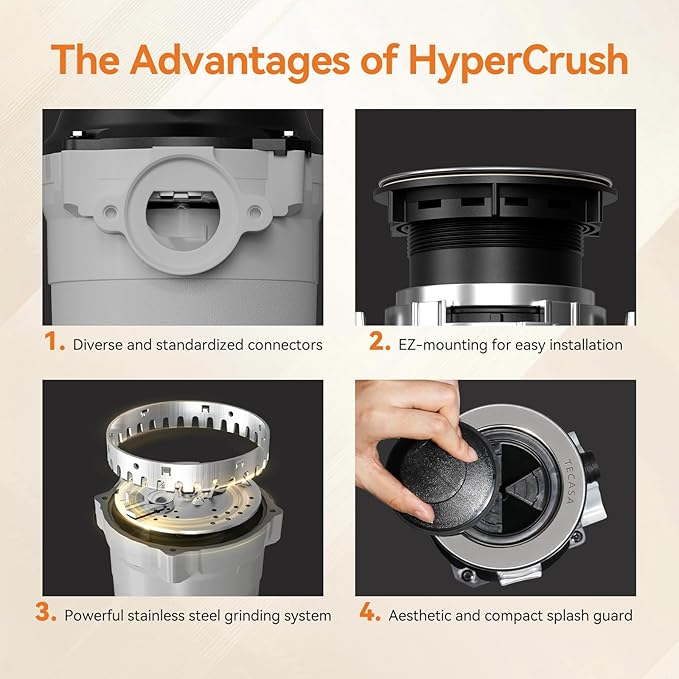 Garbage Disposal, TECASA 1/2 HP Pro Food Waste Coutinuous Feed, Garbage Disposals with Stopper Power Cord, Stainless Steel Grinding System for Kitchen Sink - HyperCrush 50 PRO-HomvellaHome