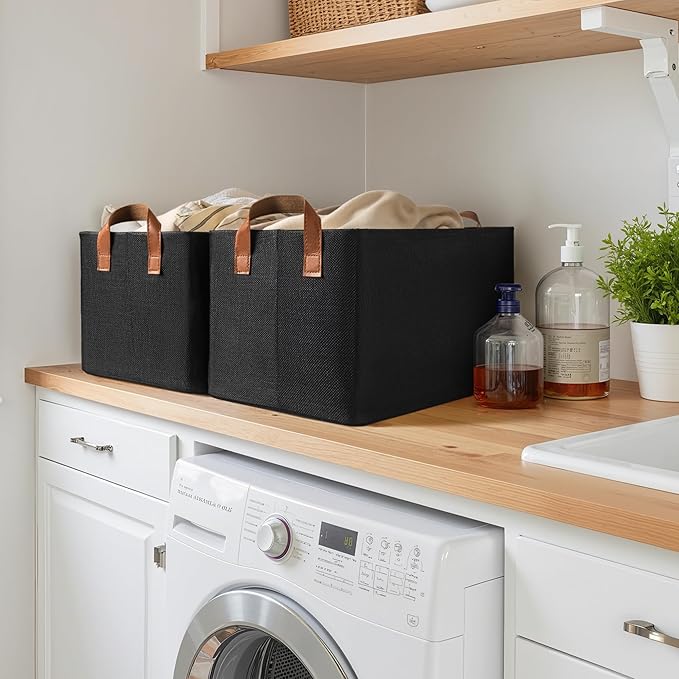 GRANNY SAYS Storage Baskets for Shelves, Closet Organizer Bins, Clothes Storage Bins with Metal Frame, Large Baskets for Organizing and Storage, Collapsible, Black, 2-Pack-HomvellaHome