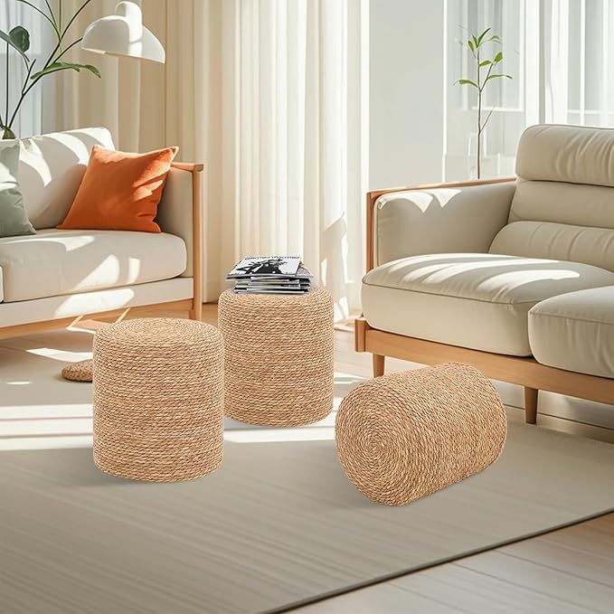 16'' Round Ottoman Natural Seagrass Braided Poof Hand Weaving Round Ottomans Boho Footrest Stool for Home Living Room Bedroom Patio(Natural)-HomvellaHome