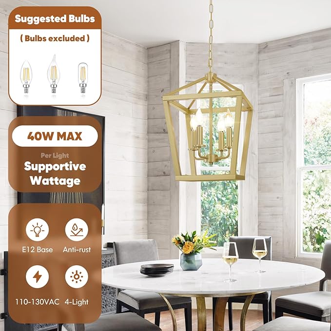 Gold Chandelier 4-Light, Farmhouse Pendant Light Fixture Adjustable Height, Modern Dining Room Light Fixture, Lantern Ceiling Hanging Lighting with Metal Cage for Kitchen Island Entryway Foyer-HomvellaHome