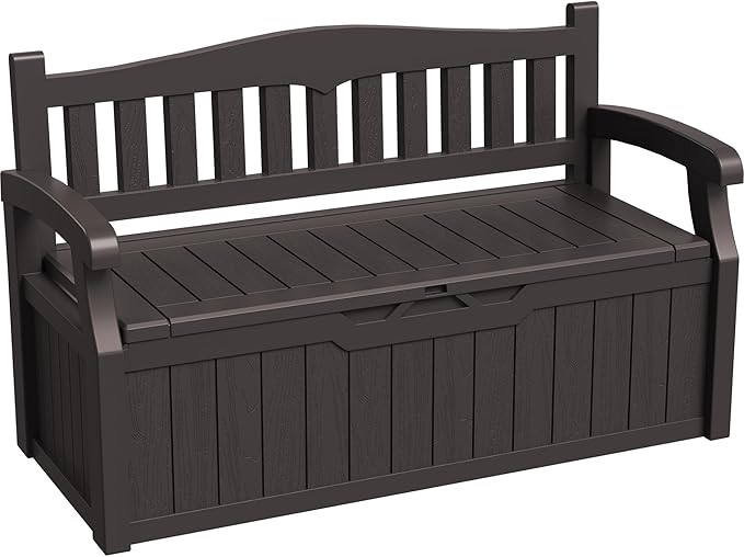 Greesum 80 Gallon Storage Bench Outdoor Deck Box with Armrest, Patio Furniture,Lockable, Waterproof and UV Resistant, Suitable for Garden, Pool, Brown-HomvellaHome