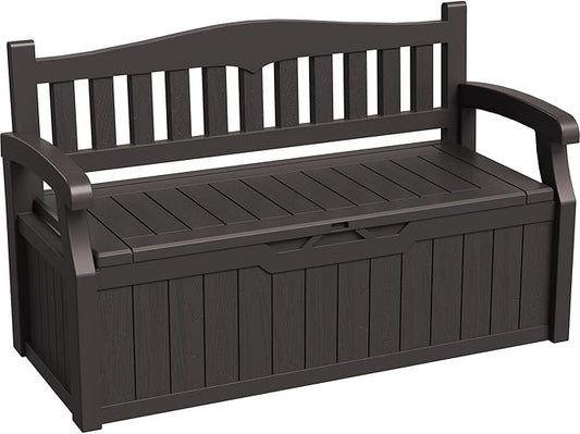 Greesum 80 Gallon Storage Bench Outdoor Deck Box with Armrest, Patio Furniture,Lockable, Waterproof and UV Resistant, Suitable for Garden, Pool, Brown-HomvellaHome
