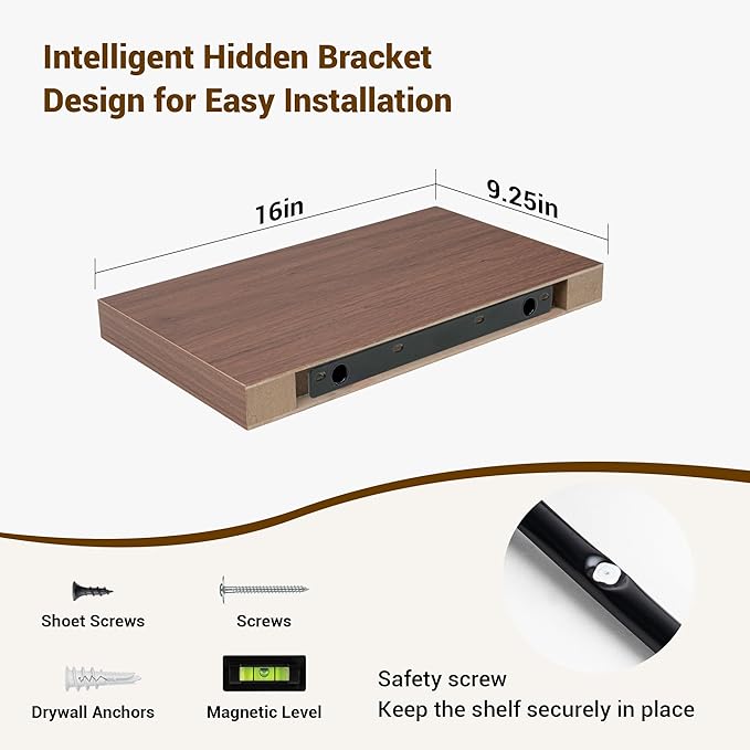 16 Inch Floating Shelves, 16"x9.25"x1.5" Inch Deep Floating Shelves for Wall, Wooden Shelves for Bathroom, Bedroom, Living Room, Walnut-HomvellaHome