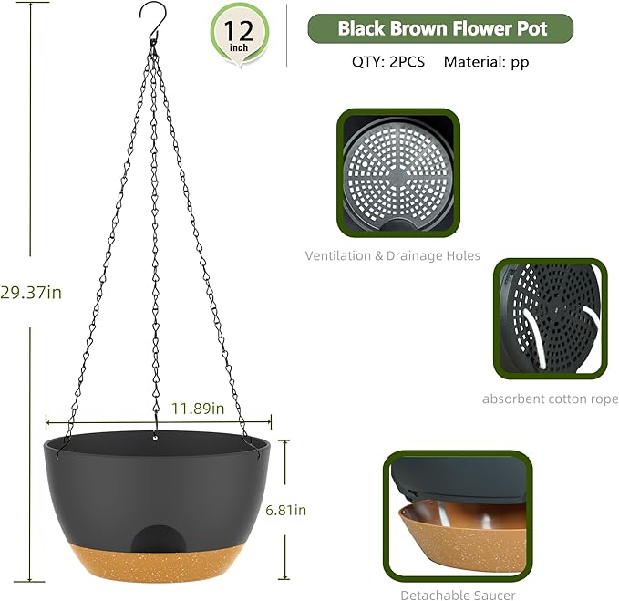 12 Inch Hanging Baskets 2 PC with Chains, Self-Watering Hanging Planters for Indoor Outdoor Plants, Plastic Hanging Flower Pots,Black Brown-HomvellaHome