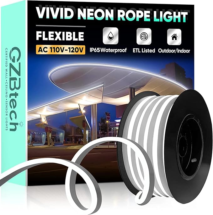 GZBtech Flexible LED Neon Rope Lights 16.4FT,AC 110-120V Waterproof Strip Light, 120 LEDs/M Cuttable Connectable Neon Lighting for Indoor Outdoor Home Decor/Commercial Building Use-Cold White 5M-HomvellaHome