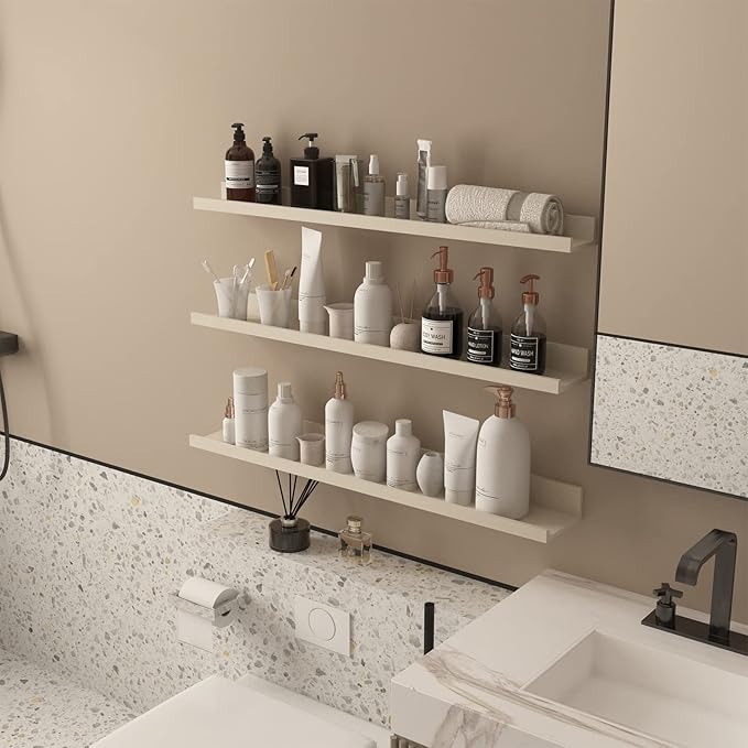 Giftgarden 36 Inch Floating Wall Shelves Creamy White Beige Wood-Grain, Large Picture Ledge Long Wooden Shelfs for Bedroom Living Room Kitchen Bathroom Nursery Office, Set of 3 Different Sizes-HomvellaHome